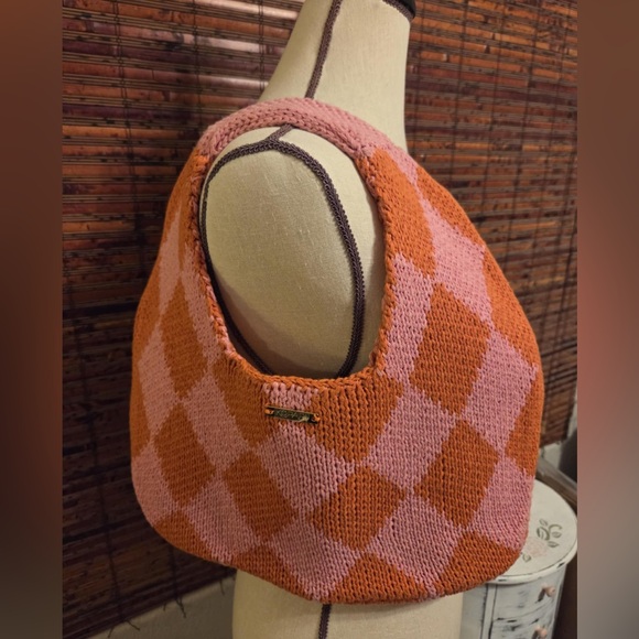 Handbags - Pink and Orange Argyle Knit Women's Bag